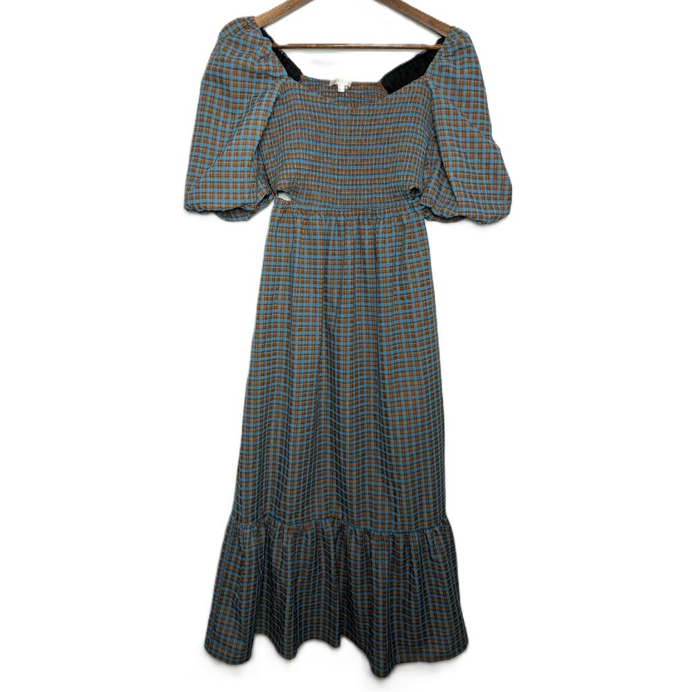 WAYF Cut Out Smocked Gingham Midi Dress Size Small